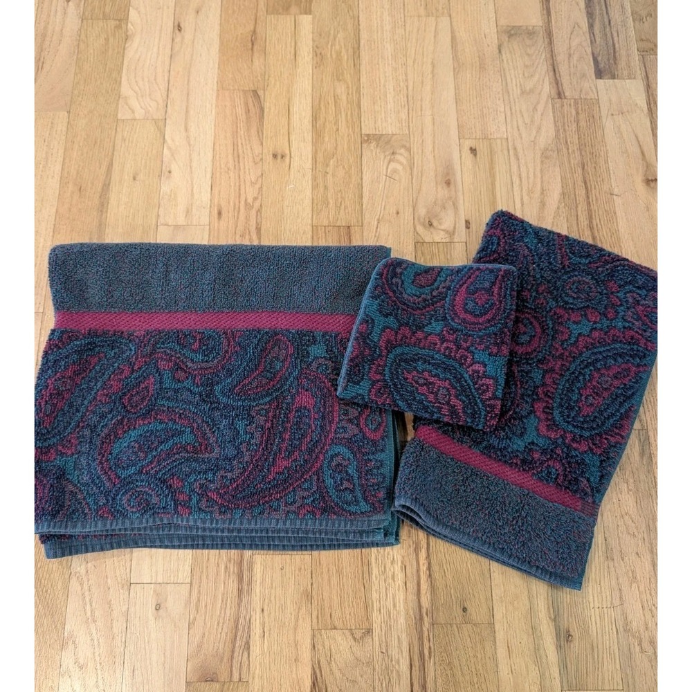 VTG Fieldcrest Royal Velvet Towel Set Paisley Green Burgundy Bath Hand Washcloth